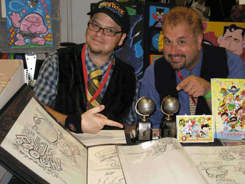 Art Baltazar and Franco from DC's "Tiny Titans" comic, the morning after their big Eisner win. You couldn't meet two nicer guys or sharper dressers.