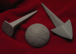 From left to right:  Prototypes for the Bog Roosh’s Nail, Bishop Zrinyi’s Button and the Elf Shot.